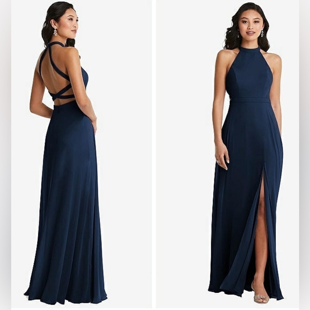 DESSY STAND COLLAR HALTER MAXI DRESS WITH CRISS CROSS OPEN-BACK IN MIDNIGHT